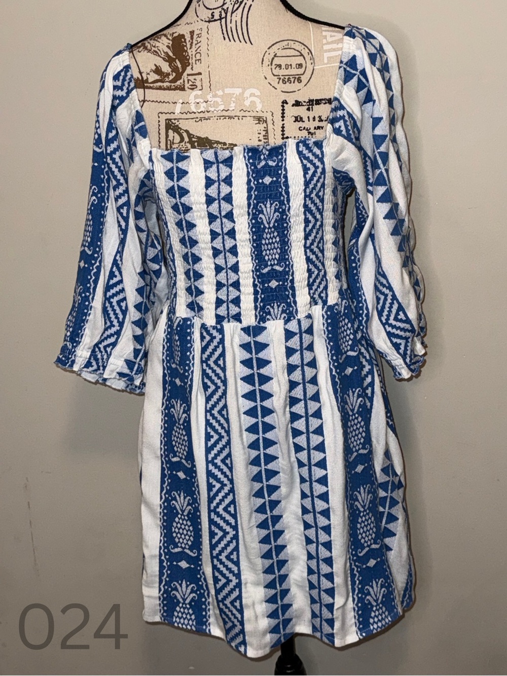 En Creme Blue & White Smocked Square Neck Mini Dress - Size M
